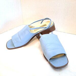 VINTAGE ~ LEATHER KITTEN SLIP ON STRAPPY SEXY MULES ~ BABY SKY BLUE ~ SIZE 8M